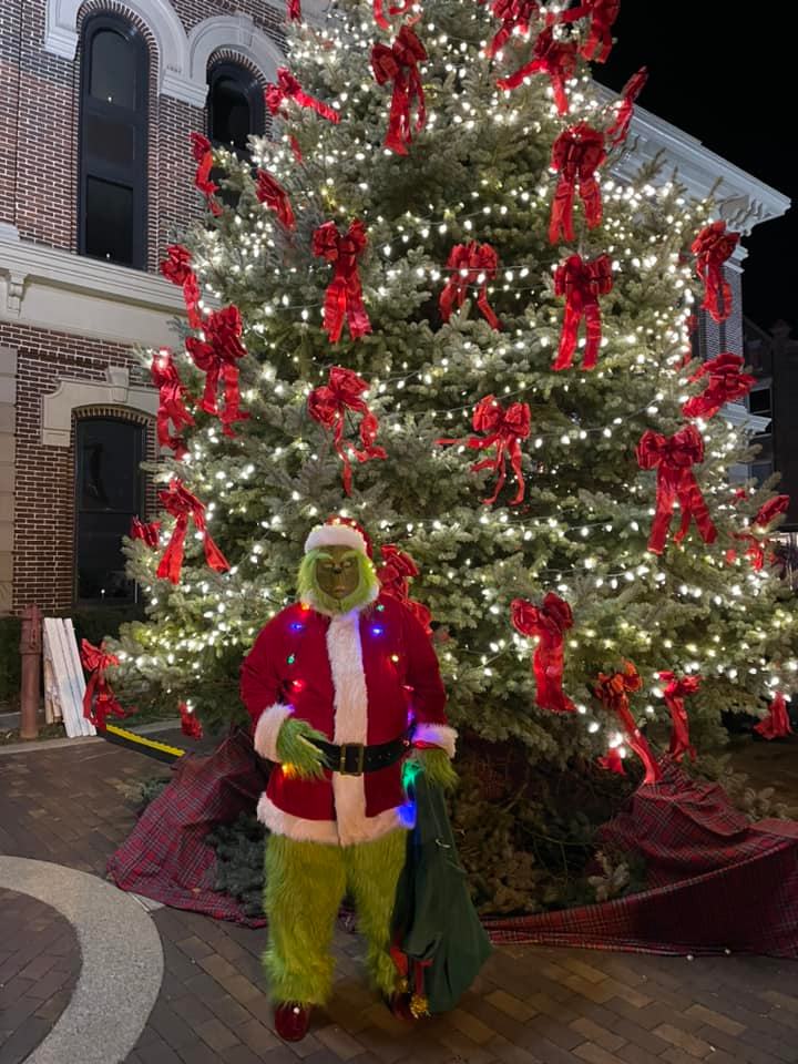 Mr. Grinch standing in front of a decorated Christmas tree